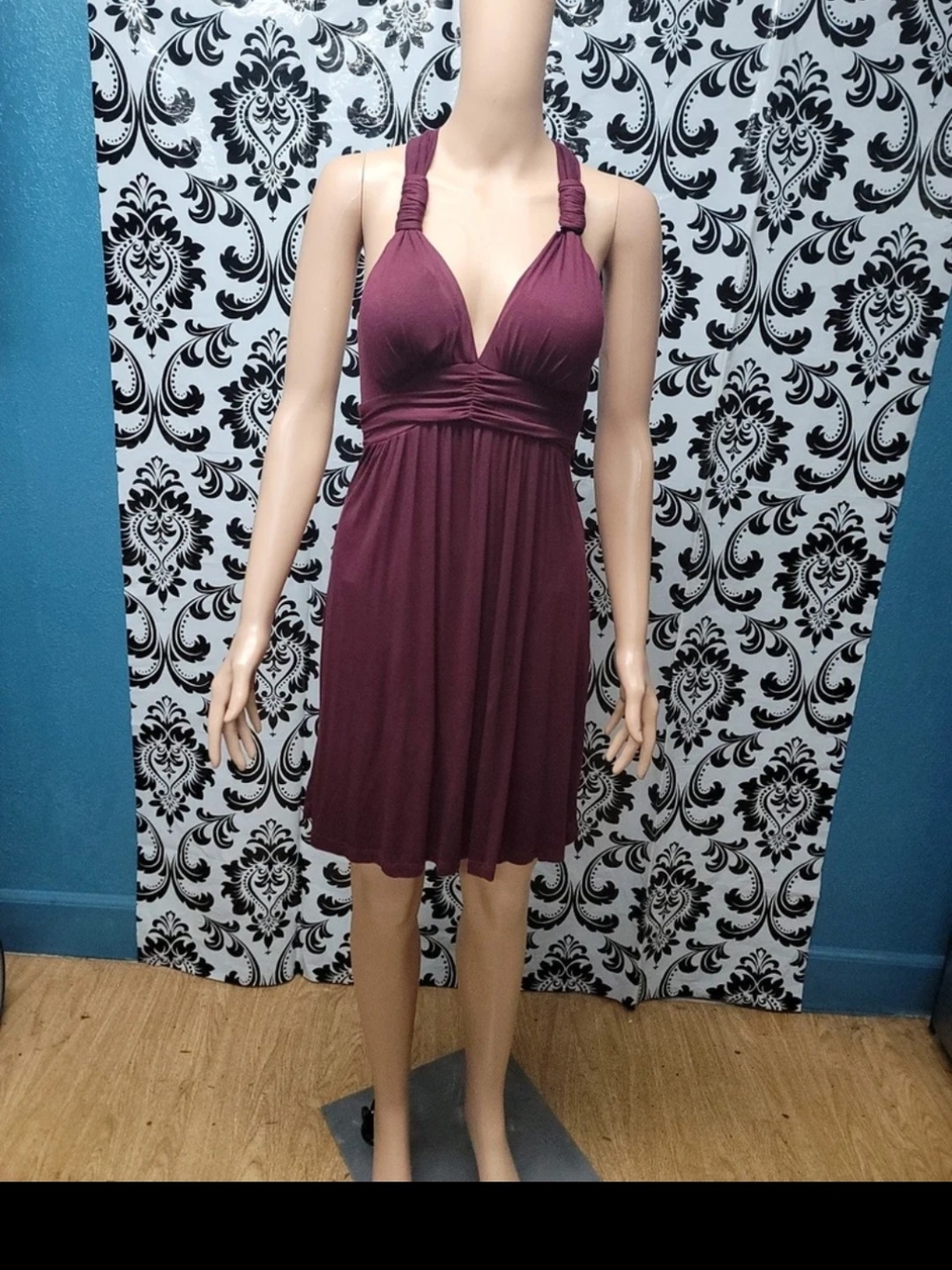 Ruched Halter Empire Midi Dress in Deep Plum